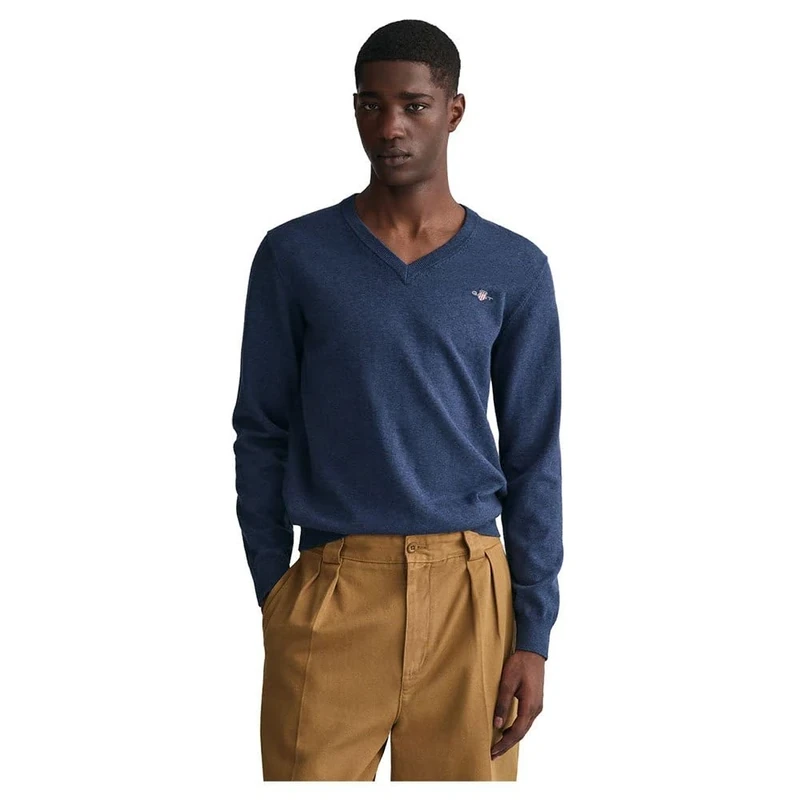 GANT Men's Classic Cotton V-Neck Jumper, Dark Denim Blue Melange, XL