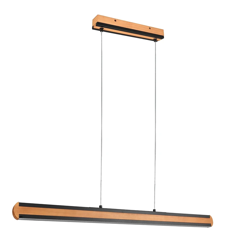 Trio, Pendant Light, Deacon incl. 1 x LED,SMD,42,0 Watt,2700-6000K,5000 Lm. Metal, matt Black, Body: Natural Wood, Natural L:110 cm, W:6 cm, H:150 cm