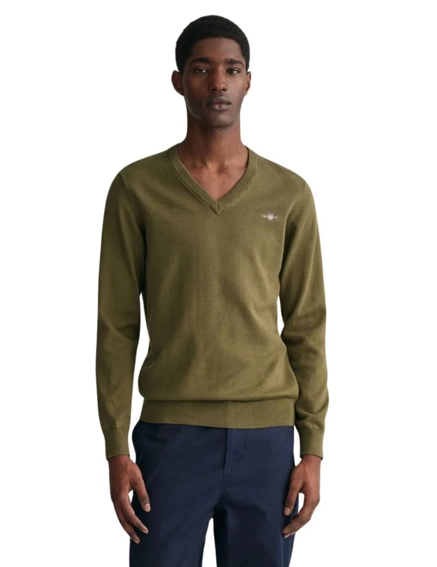 GANT Men's Classic Cotton V-Neck Jumper - Juniper Green, XL