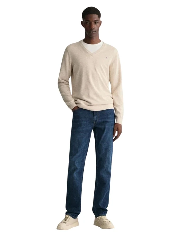 GANT Men's Classic Cotton V-Neck Jumper, Light Beige Melange, 4XL