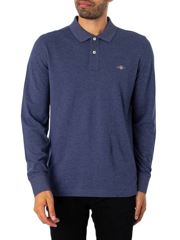 GANT Men's Reg Shield LS Pique Rugger Polo Shirt, Dark Denim Blue Melange, S