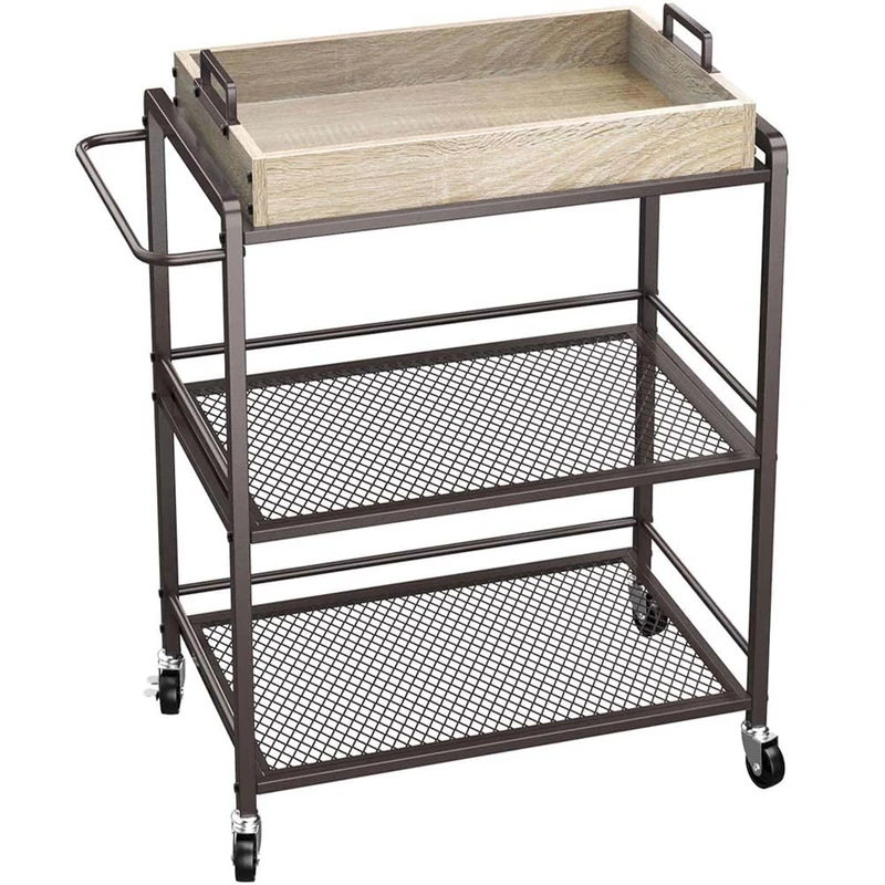 BAKAJI 3-Tier Industrial Kitchen Trolley with Swivel Wheels and Removable Wood Breakfast Tray, Space-Saving Trolley, Multi-Purpose, Beauty Trolley, Metal Structure, 65 x 33 x 91H cm (Bronze)