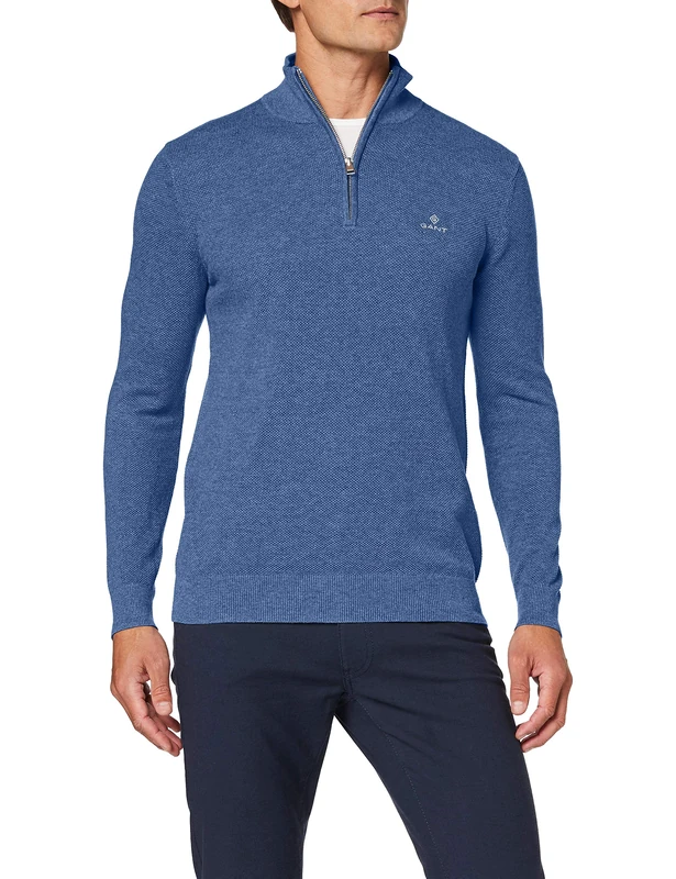 GANT Men's Cotton Pique Half Zip Jumper, Denim Blue Mel, XXL