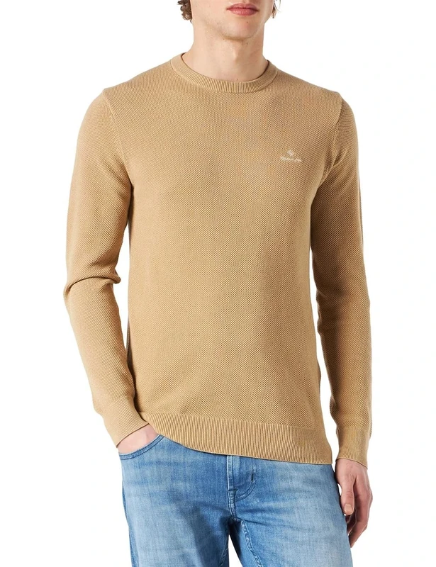 GANT Men's Cotton Pique C-neck Pullover Sweater , Dark Khaki,M