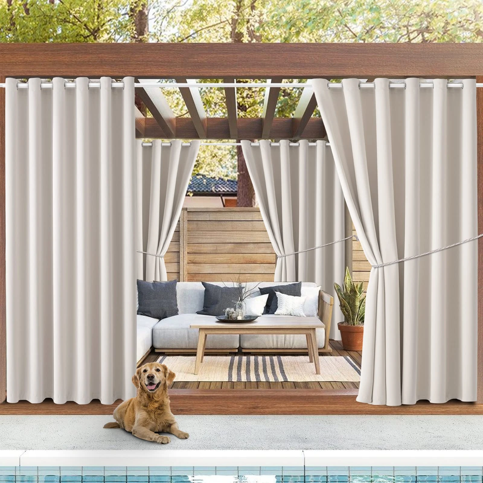 Waterproof Outdoor Curtain W84 x L84 - Grommet Top Sunlight Blocking Window Treatment Drapes Blackout Curtains for Home Bedroom Living Room Outdoor Patio Porch Gazebo (Cream, 2 Panels)