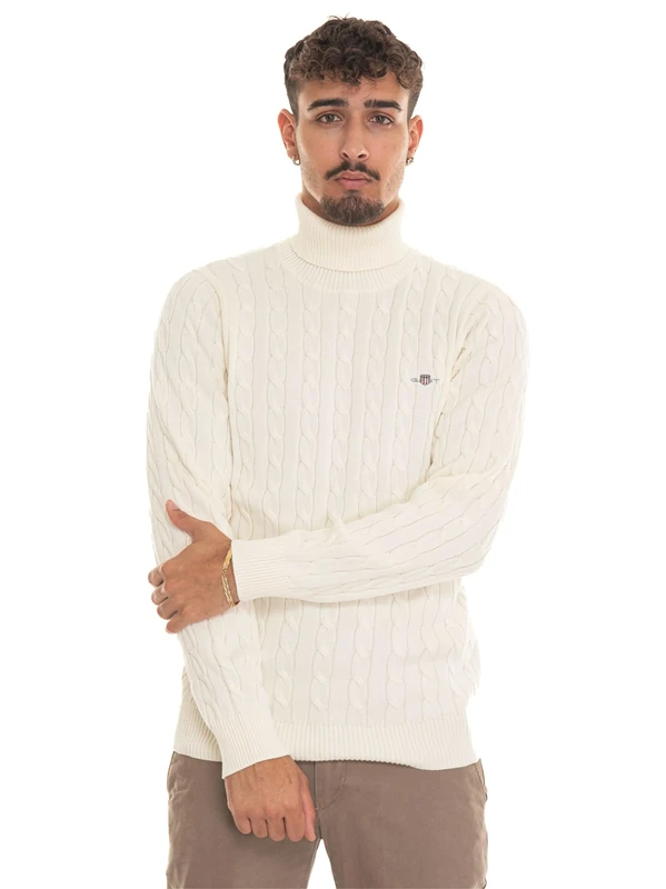 GANT Men's Cotton Cable Turtle Neck Jumper, Cream, L