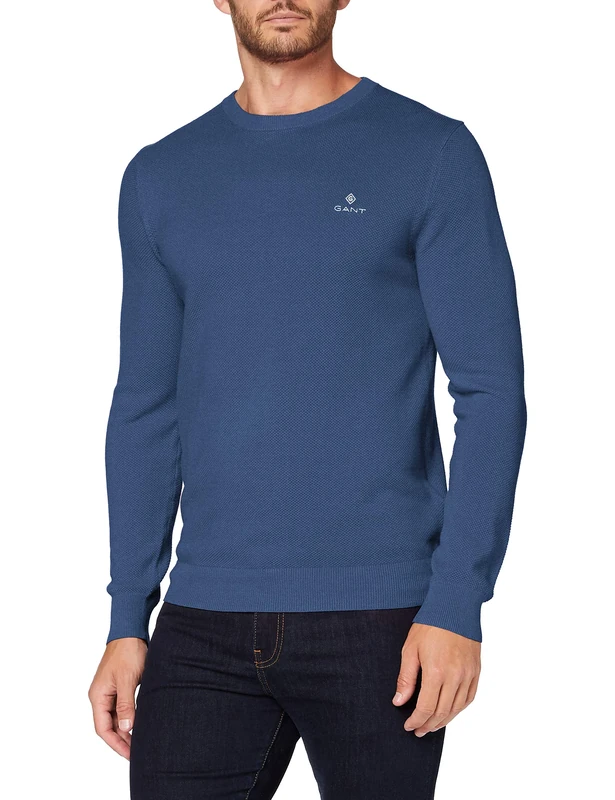 GANT Men's Cotton Pique C-neck Pullover Sweater , Denim Blue Mel,L