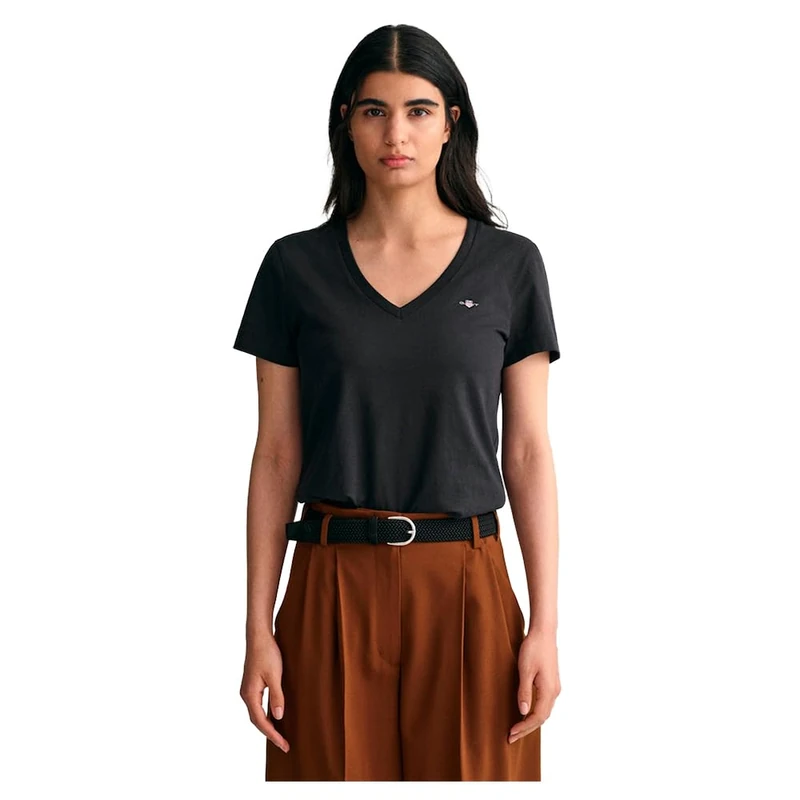 GANT Women's Reg Shield Ss V-neck T-shirt T-Shirt , Black,XXL