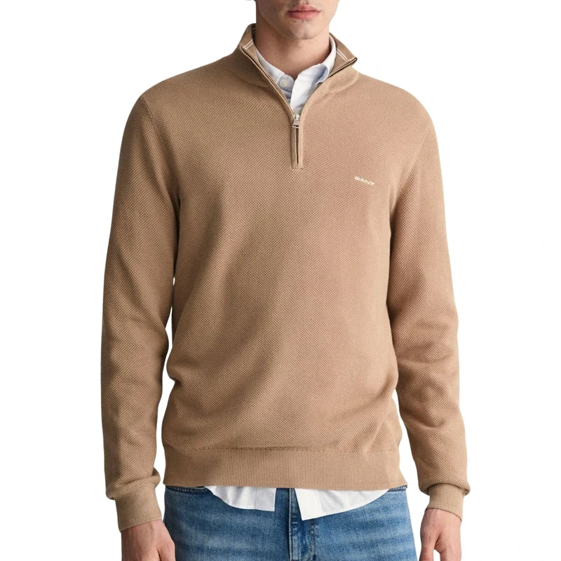 GANT Men's Cotton Pique Half Zip Jumper, Dark Khaki, XL