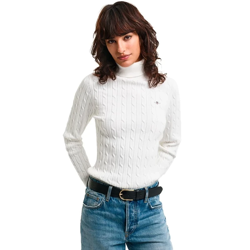 GANT Women's Stretch Cotton Cable Turtleneck Sweater, Eggshell, XS