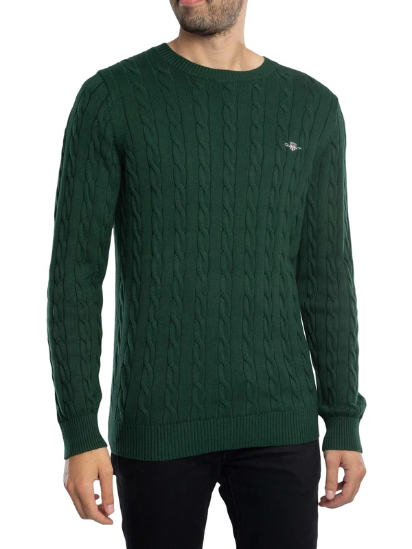 GANT Men's Cotton Cable C-Neck Pullover, Tartan Green, L - Image 1