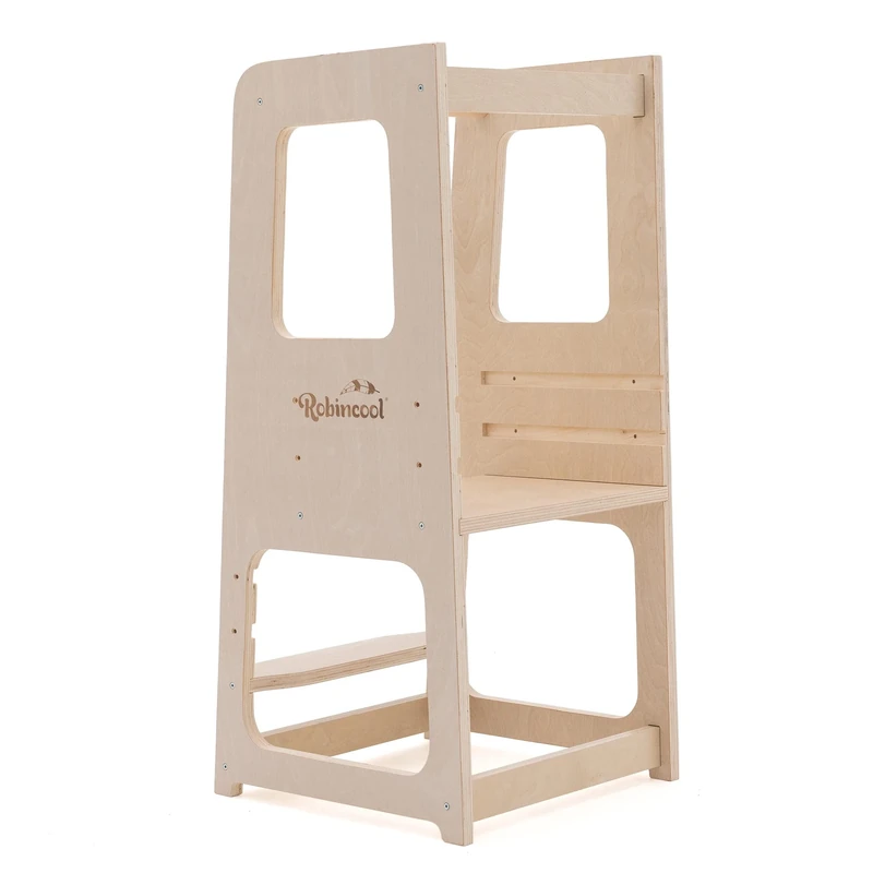 ROBINCOOL Montessori Learning Tower Evolutive 40x44x90 cm Made of Eco-Friendly Wood with Adjustable Height and a Safety Bar, Cognitive and Psychomotor Development, +1 Year