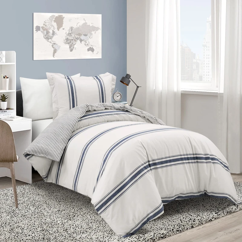 Lush Decor Farmhouse Stripe Back to Campus 100% Cotton 2 Piece Duvet Cover Set, Twin-XL, Navy