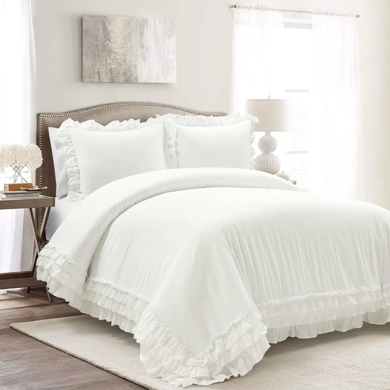 Lush Decor Ella Ruffle Lace 100% Cotton 3 Piece Duvet Cover Set, White, King