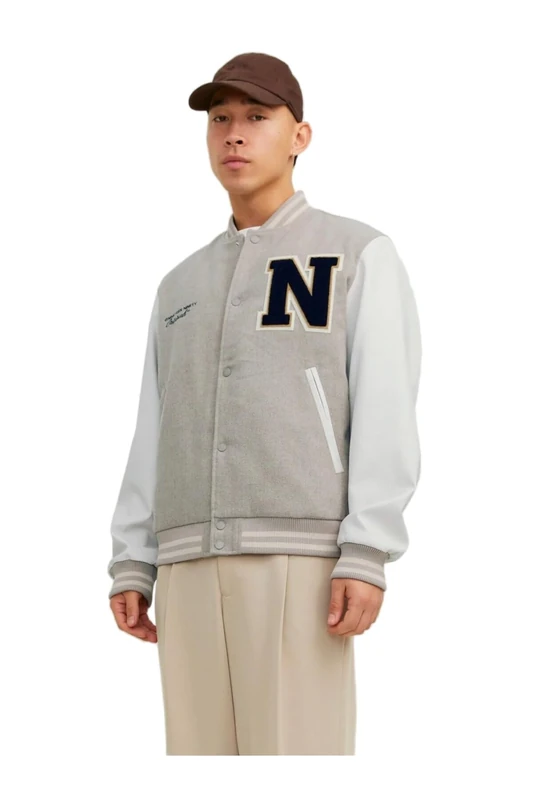 JACK & JONES Mens College Bomber Jacket Crockery XL