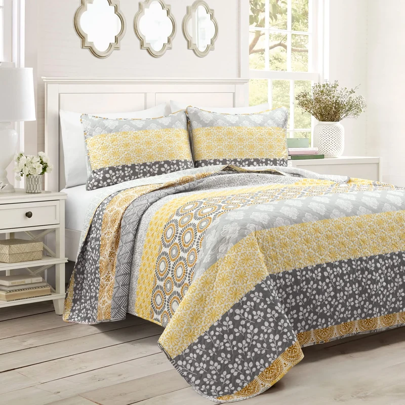 Lush Decor Bohemian Stripe Reversible Oversized Cotton 3 Piece Quilt Set, Yellow & Gray, King
