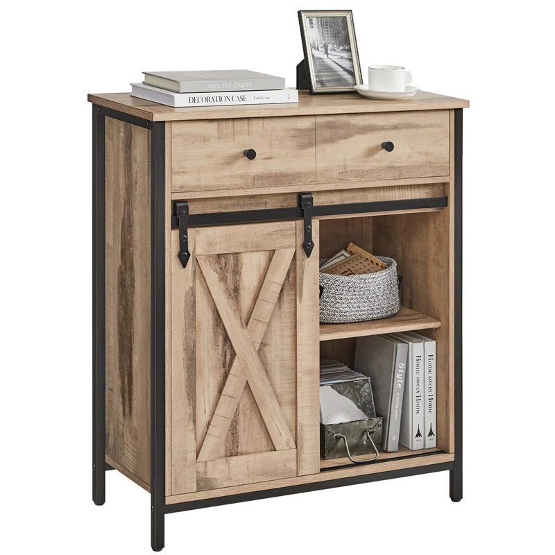 VASAGLE Sideboard, Storage Cabinet, Freestanding Kitchen Cupboard with Sliding Barn Door, 30 x 70 x 80 cm, Adjustable Shelf, Farmhouse Style, for Living Room, Toasted Oak Colour and Black LSC100B50