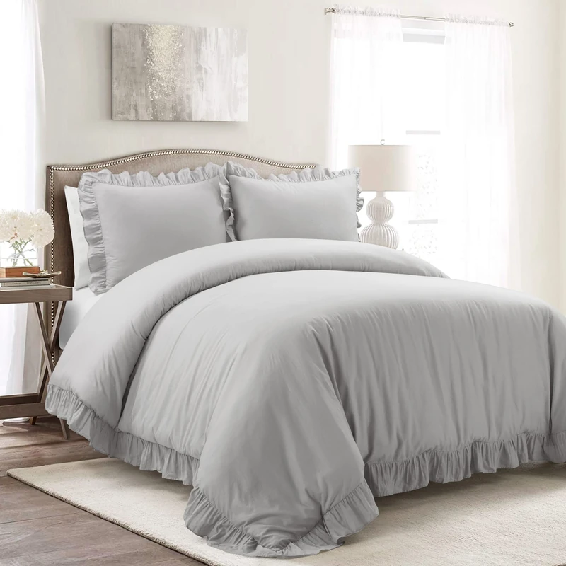 Lush Decor Reyna 3-Piece Ruffled Duvet Cover Bedding Set, Full/Queen, Light Gray