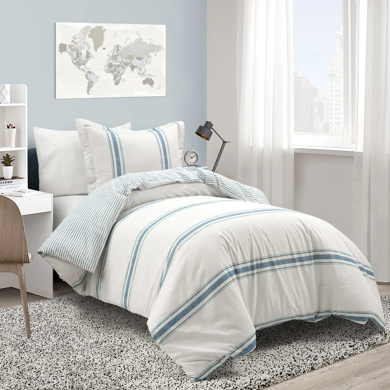 Lush Decor Farmhouse Stripe Reversible Cotton Duvet Cover Set, 2 Piece Set, Twin XL, Blue - Twin Bedding Set - Dorm Decor - Striped Duvet Cover For Kids Or Teens - Farmhouse Bedroom Decor - Image 1