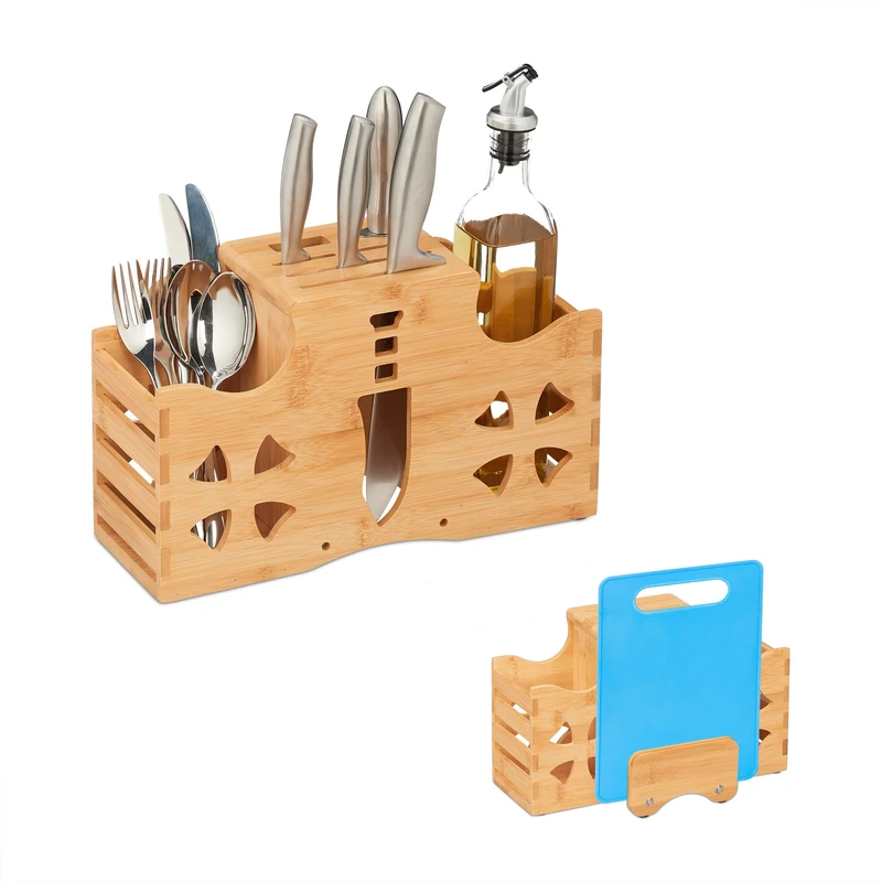 Relaxdays Cutlery Holder Bamboo, HxWxD: 20 x 33 x 17 cm, Cutting Board, Decorative Stand, Natural Wood, 20x33x17 cm