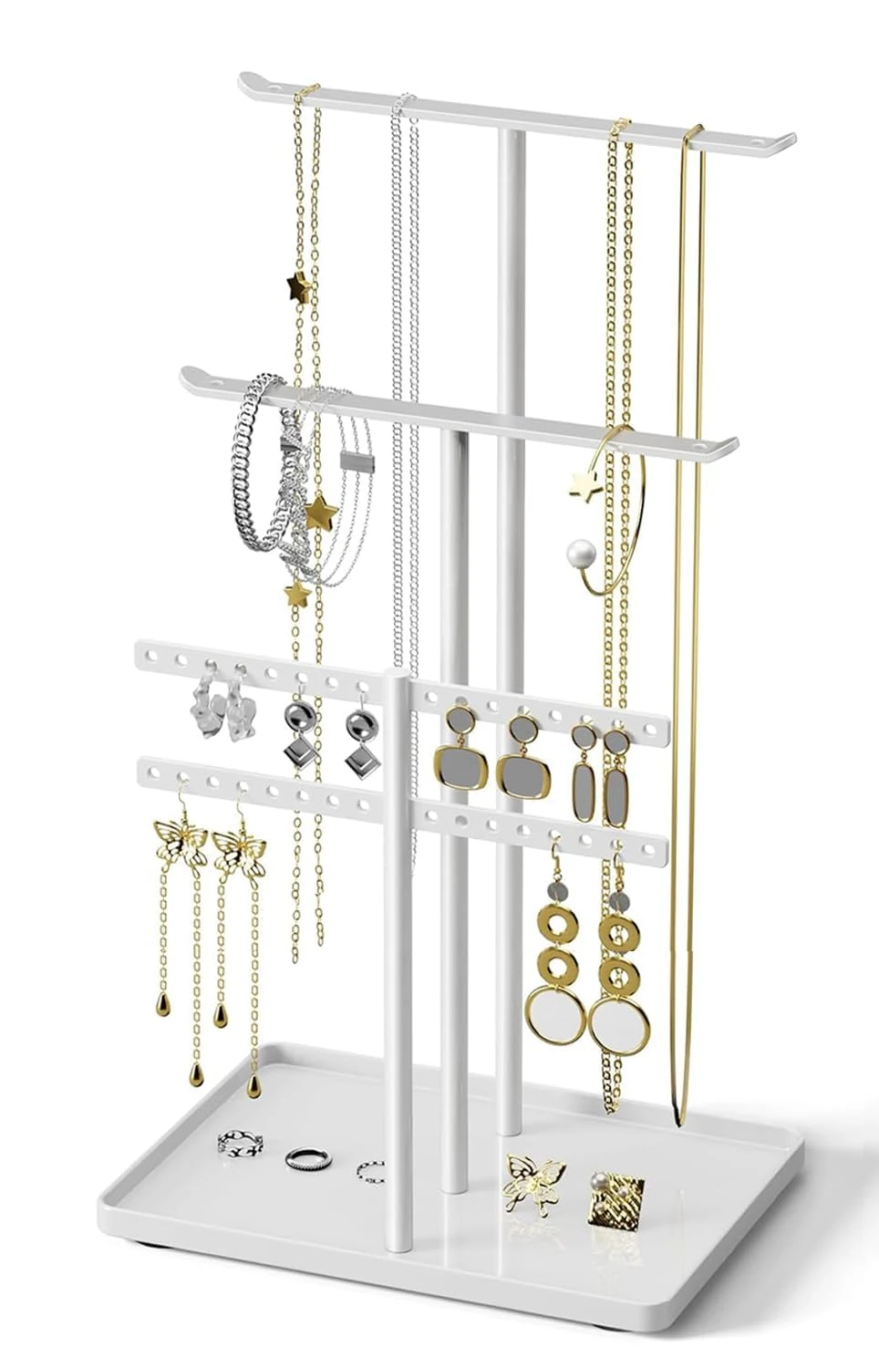 pickpiff Jewelry Stand Organizer, 32cm Tall Sturdy Metal, 3-Tier Jewelry Holder for Necklace, Earring, Bracelet, Ring, Hanger for Display and Storage, Aesthetic Room Decor, White