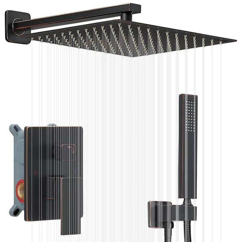 Oil Rubbed Bronze Shower System 12 Inch Bathroom Luxury Rain Mixer Shower Combo Set Wall Mounted Rainfall Shower Head and Handheld System Shower Faucet Set Rough-in Valve Body and Trim Included