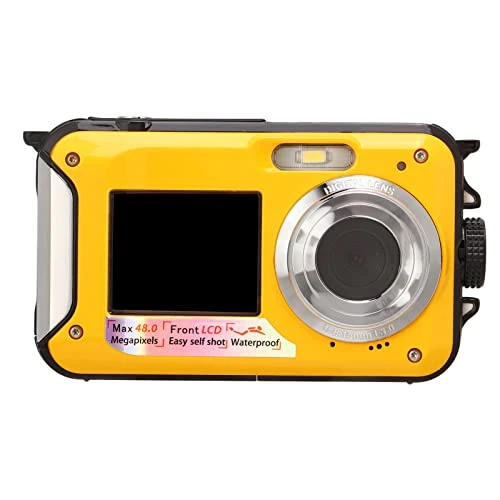 Dual Screens Waterproof Digital Camera, Full HD 2.7K 48MP 10ft 16X Digital Zoom Waterproof Dual Front and Rear Screen Digital Camera for Teenagers/Beginners. (Yellow)
