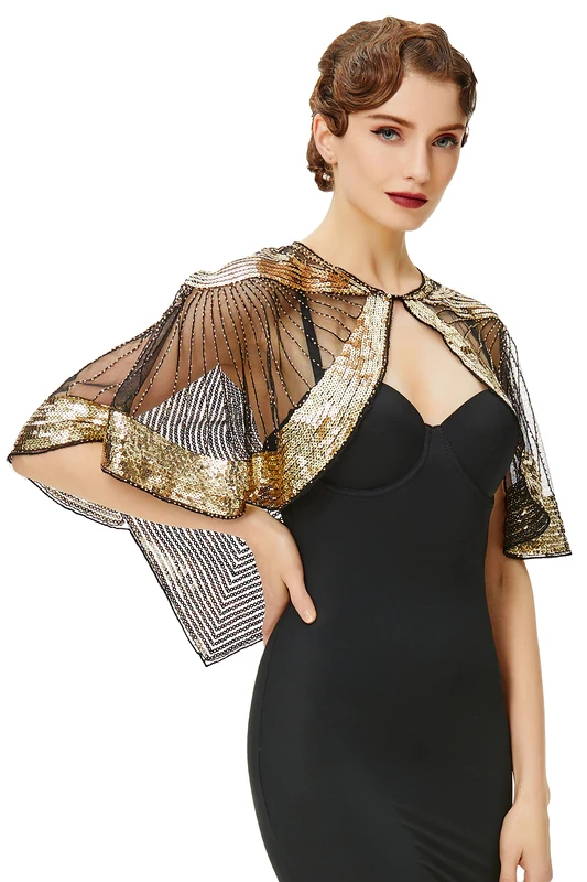 BABEYOND 1920s Vintage Shawl for Women - Sequin Beaded for Night Party Shawl Wraps Flapper Cover Up Evening Cape, Black Gold, One Size