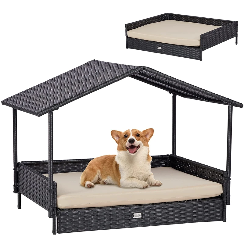 NATURAL EXPRESSIONS Wicker Dog House Raised Rattan Dog Bed for Indoor/Outdoor with Weatherproof Roof and Removable Cushion Lounge