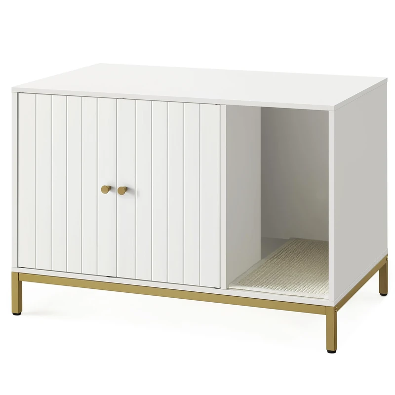 Feandrea Cat Litter Box Enclosure, Hidden Litter Box Furniture with Scratching Mat, Tall Legs, Cat House, Side End Table, 80 x 50 x 55 cm, White and Gold PCL007W01V1