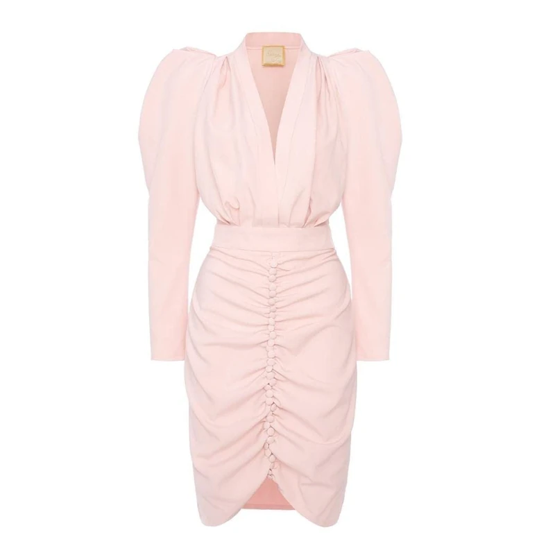 Swing Fashion Women's Laura | Puderrosa Elegant | Party Cocktail Evening Business Festive Pencil Dress | Bodycon | V-Neck | Knee Length | Long Sleeve | Powder Pink | S(36), S