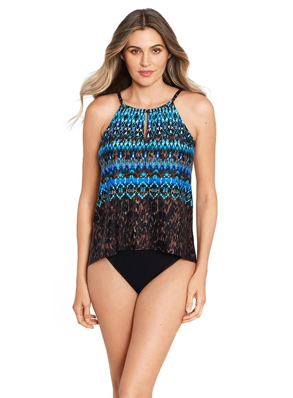 Miraclesuit Women's Swimwear Peephole High Neckline Soft Cup Tankini Bathing Suit Top, Brown Multi, 14