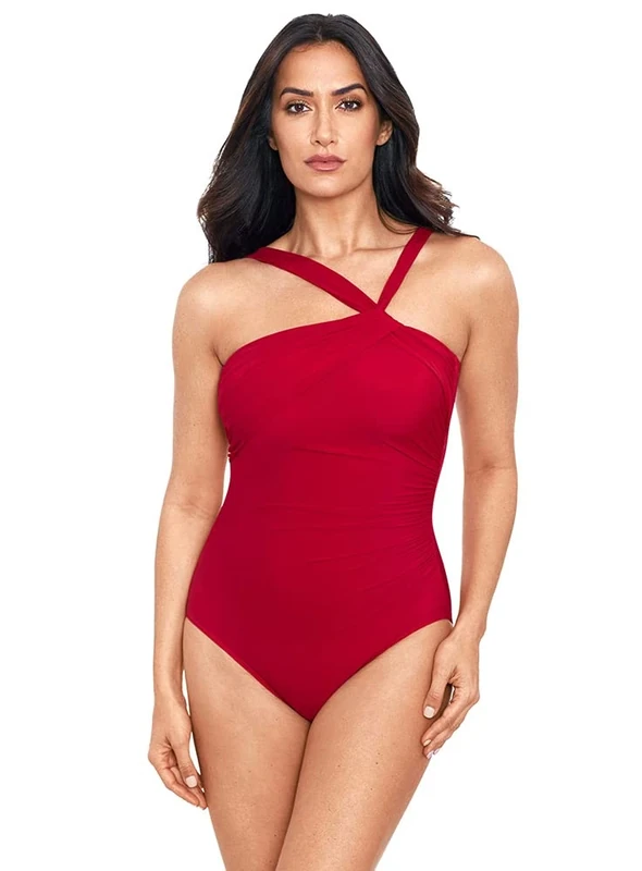Miraclesuit Women's Swimwear Rock Solid Europa Asymmetrical Underwire Bra One Piece Swimsuit, Grenadine, 10