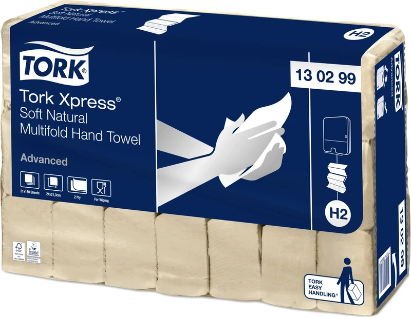 Tork Xpress Soft Multifold Hand Towels Natural H2, Advanced, Tear-Resistant, 2-Ply, 21 x 180 Sheets, 130299
