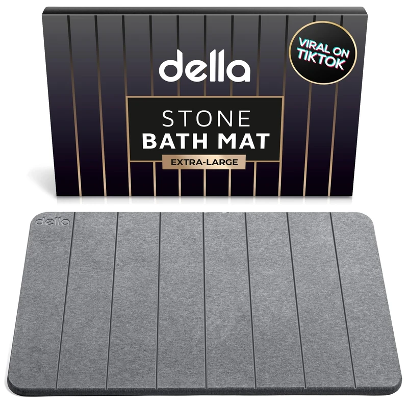 Della Premium Stone Bath Mat - Super Absorbent Diatomaceous Earth Shower Mat - Quick Drying Bathstone for Bathroom Floor - Modern Diatomite Bathmat (Extra-Large Charcoal Grey)