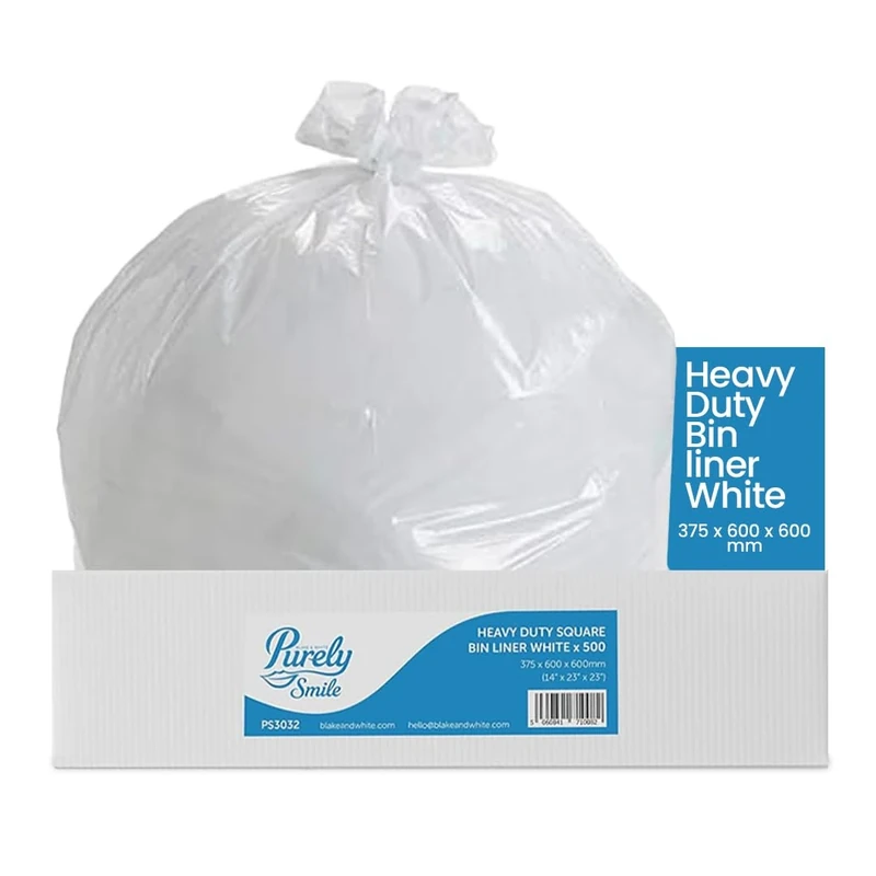 Blake & White Heavy Duty Square Bin Liners - Purely Smile Ultra Durable & Tear-Resistant White Bin Bags - Durable & Tear-Resistant Bin Liners for Household & Office Use - Box of 500 (PS3032)