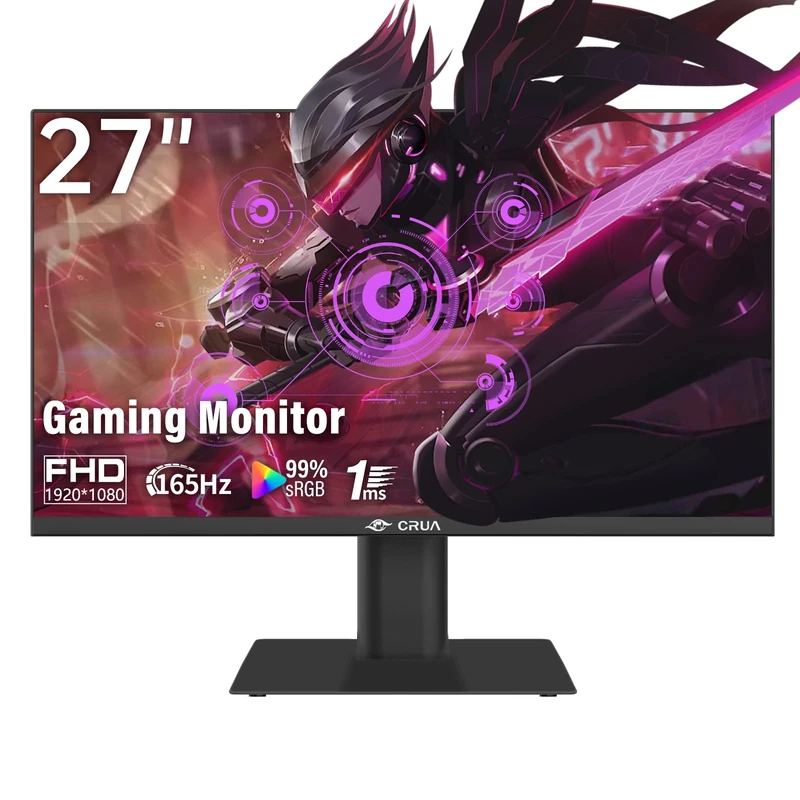 CRUA Gaming Monitor 27 Inch 144HZ/165HZ PC Monitor, Full HD 1080P Frameless Computer Monitor, 1ms GTG with FreeSync, 100% sRGB Colour Circumference, Eye Protection, DP, HDMI