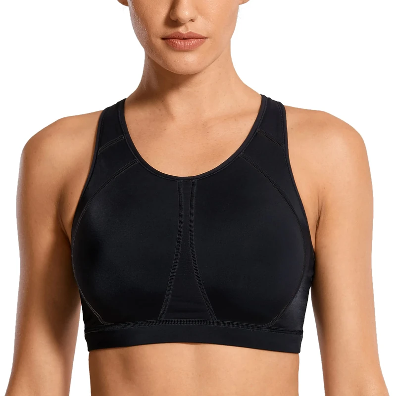 SYROKAN Women's Sports Bra for Large Breasts High Impact Full Coverage Padded Wireless Running Halter Neck Bra Black 2 34DD