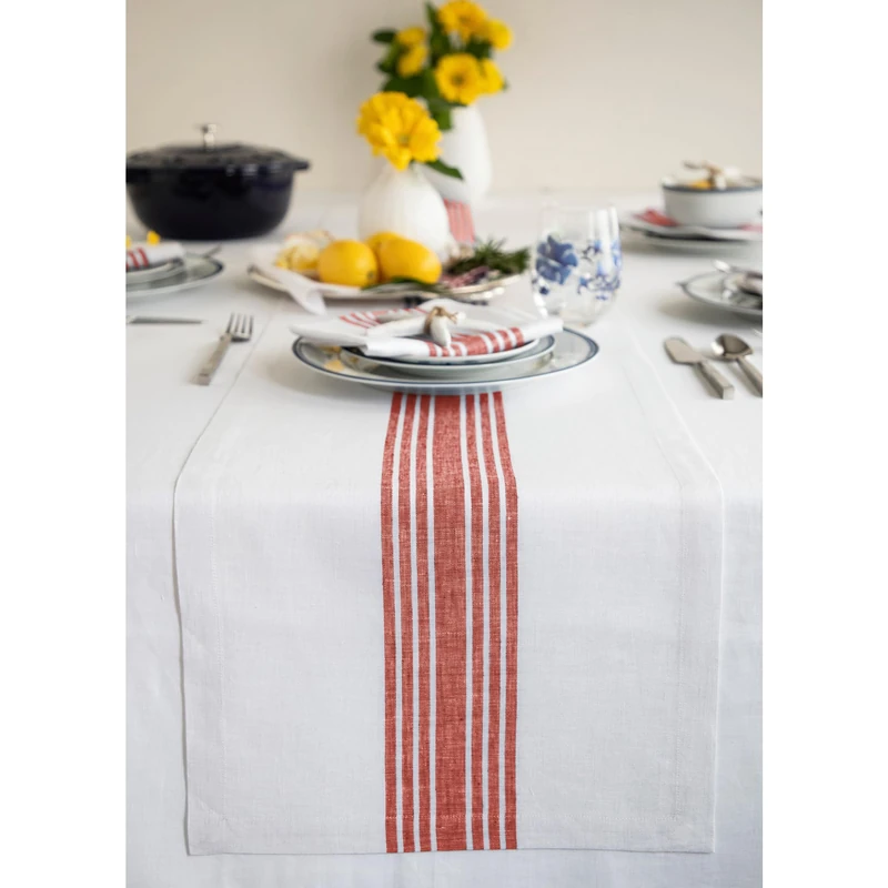 Solino Home Striped Linen Table Runner – 100% Linen Linen Farmhouse Table Runner 14 x 90 Inch – Red and White Table Runner for Kitchen, Dining, Living, Wedding, Party – Handcrafted from European Flax