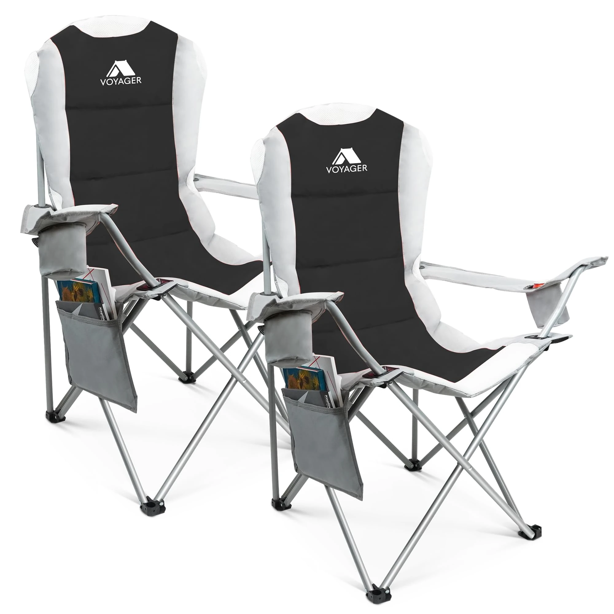 Voyager Set Of 2 Premium Padded Camping Chairs Lightweight & Foldable with Cup Holder & Side Pockets Ideal Water Resistant Outdoor Seats for Garden,Fishing,Picnic,Camping & Travel Heavy Duty (Black)