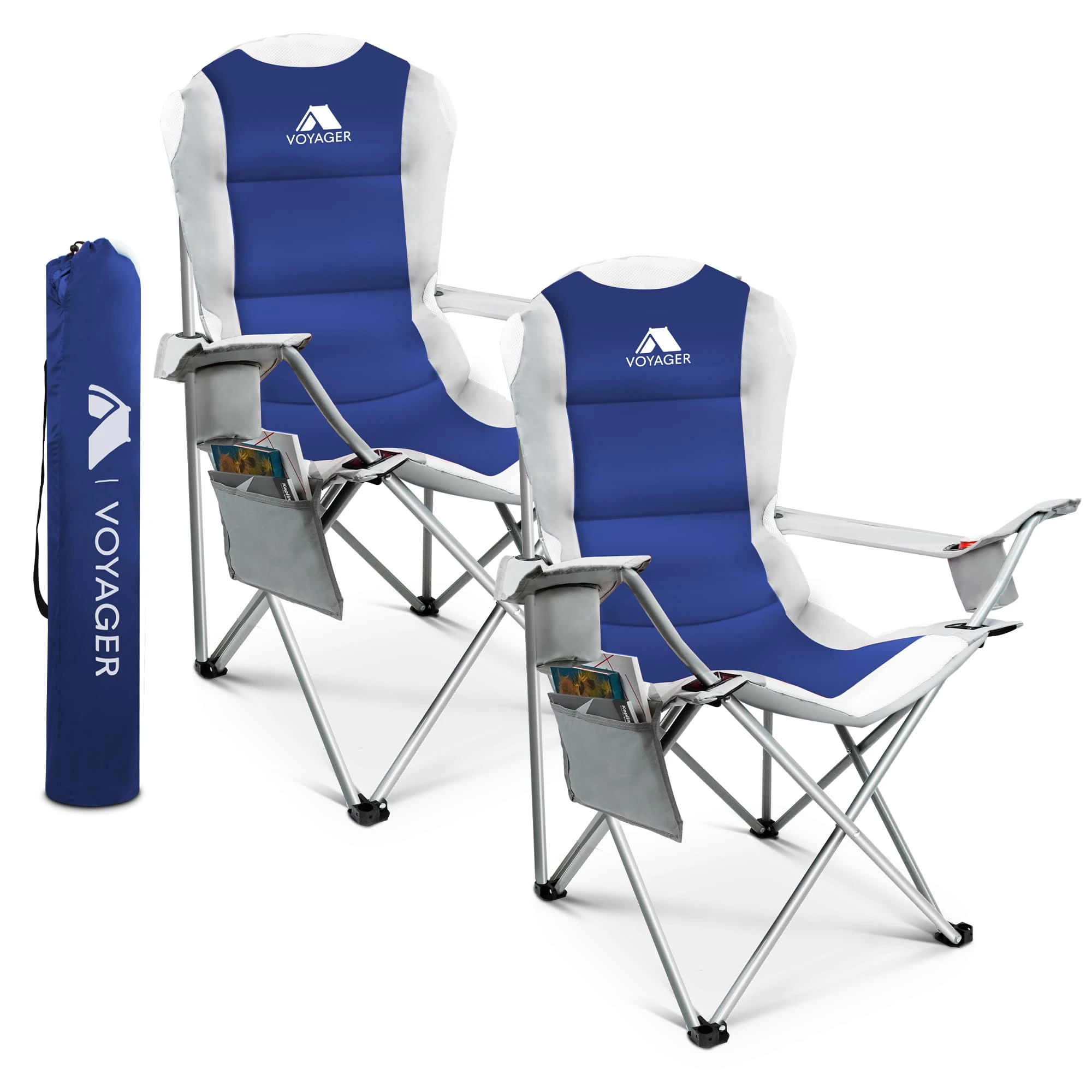 Voyager 2 Pack Premium Outdoor Camping Chair Set, 120kg Capacity, 3.3kg Per Chair, Waterproof & Foldable with Cup Holder & Side Pockets - Ideal for Garden, Fishing, Picnic, Camping & Travel Comfort