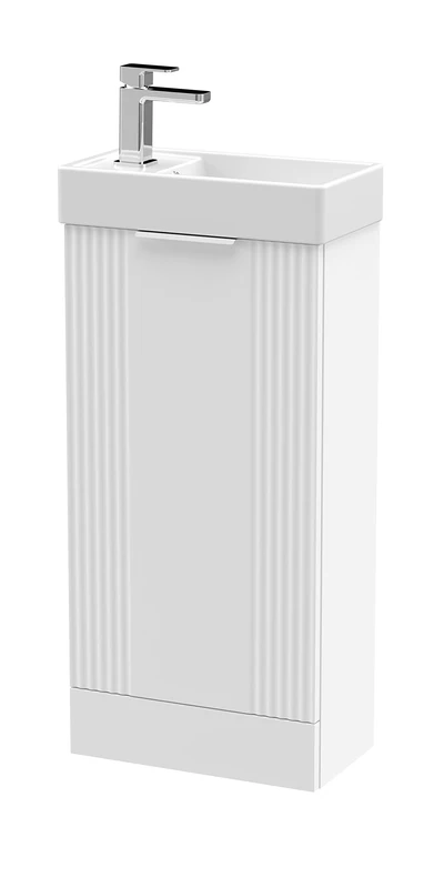nuie FLT120 Deco Compact Modern Bathroom Floor Standing Part Fluted 1 Door Slimline Vanity Basin Unit with Ceramic Basin, 400mm, Satin White