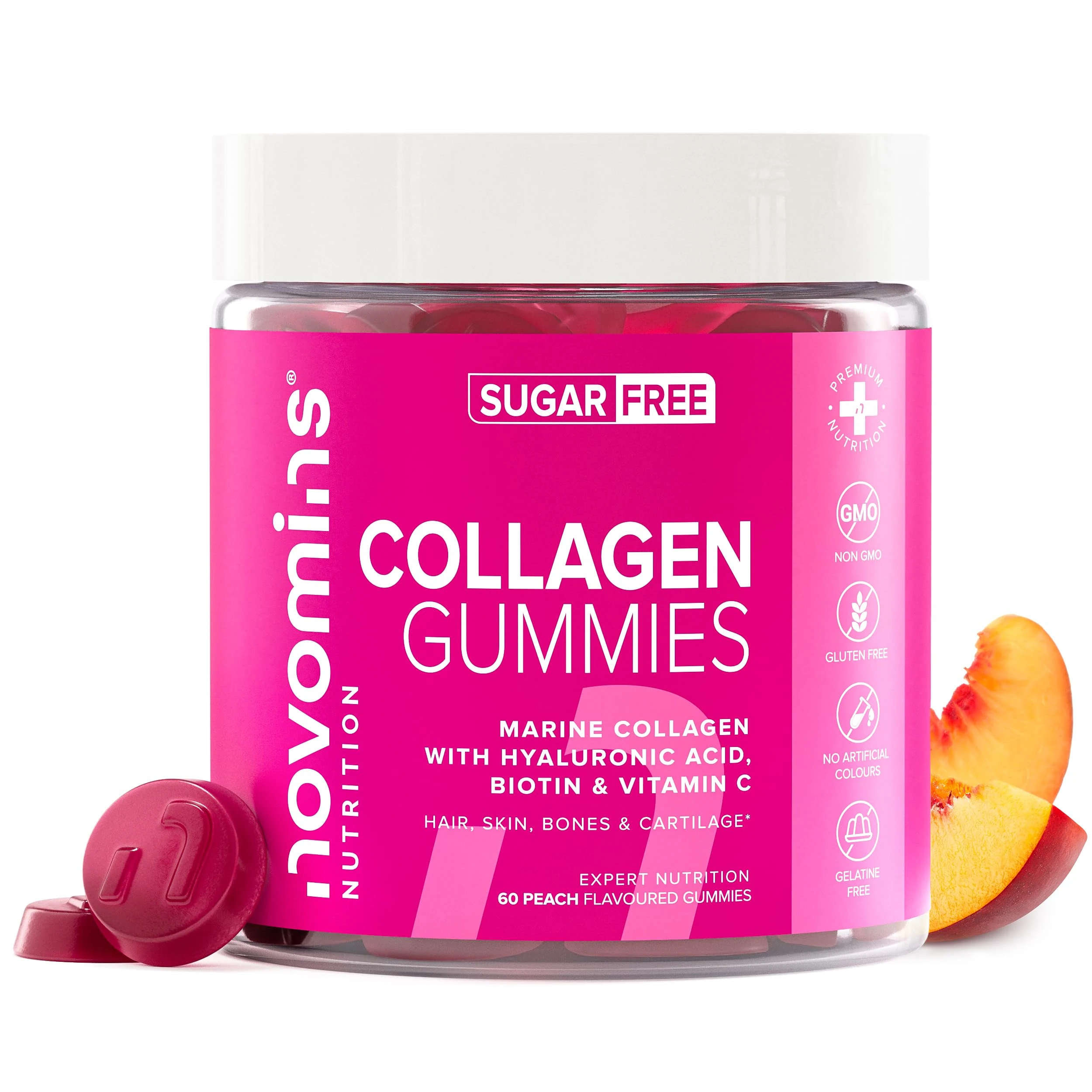 Collagen Gummies - Sugar Free - with Hyaluronic Acid, Vitamin C & Biotin - Collagen Supplements for Women & Men - More Convenient Than Collagen Powder - 60 Marine Collagen Gummies - Novomins