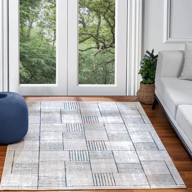 Livabliss Salla Geometric Rug - Scandi Area Rugs Living Room 160x220 cm, Dining, Kitchen - Neutral, Abstract Patterned Rugs, Boho Style, Easy Care Pile - Large Rug, White, Blue and Ochre