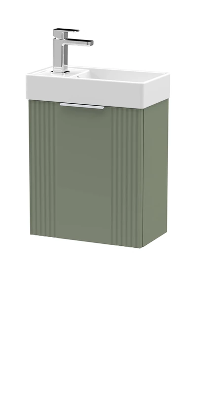 nuie FLT890 Deco Compact Modern Bathroom Wall Hung Part Fluted 1 Door Slimline Vanity Basin Unit with Ceramic Basin, 400mm, Satin Green