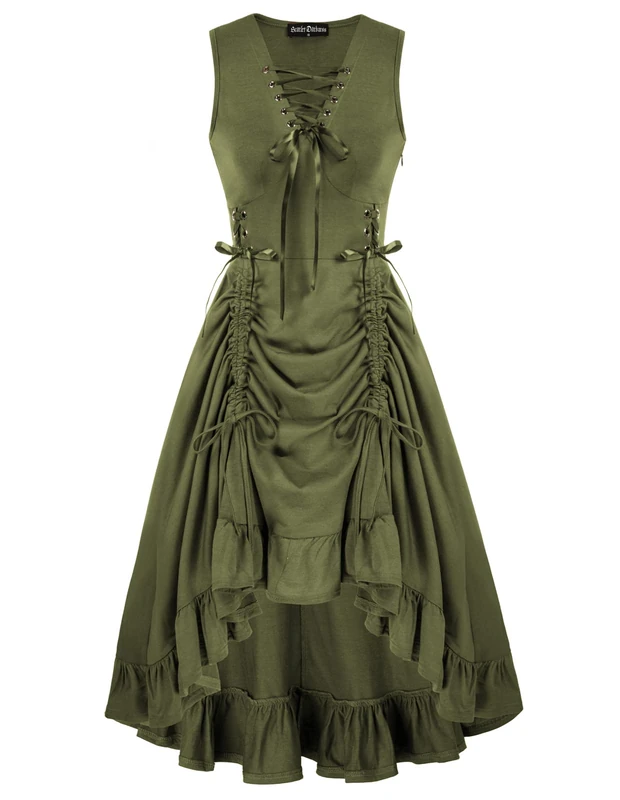 SCARLET DARKNESS Renaissance Steampunk Dress Lace Up High Low Dress Pirate Costume, Army Green, XXL