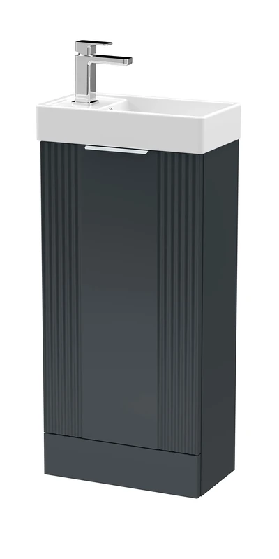 nuie FLT1420 Deco Modern Bathroom Floor Standing Part Fluted 1 Door Slimline Vanity Unit with Ceramic Basin, 400mm, Satin Anthracite