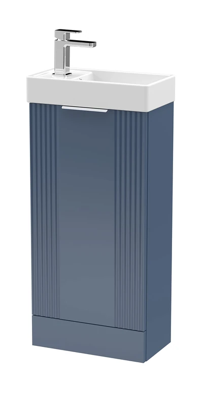 nuie FLT320 Deco Compact Modern Bathroom Floor Standing Part Fluted 1 Door Slimline Vanity Basin Unit with Ceramic Basin, 400mm, Satin Blue