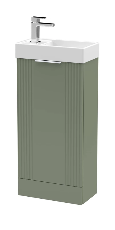 nuie FLT820 Deco Modern Bathroom Floor Standing Part Fluted 1 Door Slimline Vanity Unit with Ceramic Basin, 400mm, Satin Green