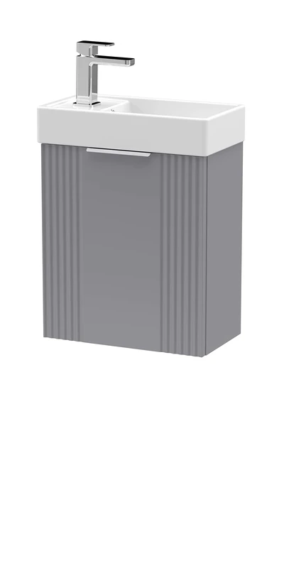 nuie FLT290 Deco Modern Bathroom Wall Hung Part Fluted 1 Door Slimline Vanity Unit with Ceramic Basin, 400mm, Satin Grey